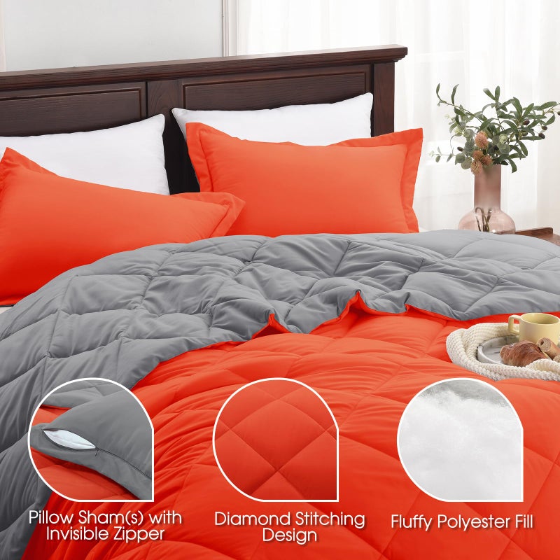 Basic Beyond Queen Comforter Set - Orange Comforter Set Queen, Reversible Bed Comforter Queen Set for All Seasons, Flame/Charcoal Gray, 1 Comforter (88"x92") and 2 Pillow Shams (20"x26"+2") - Image 4